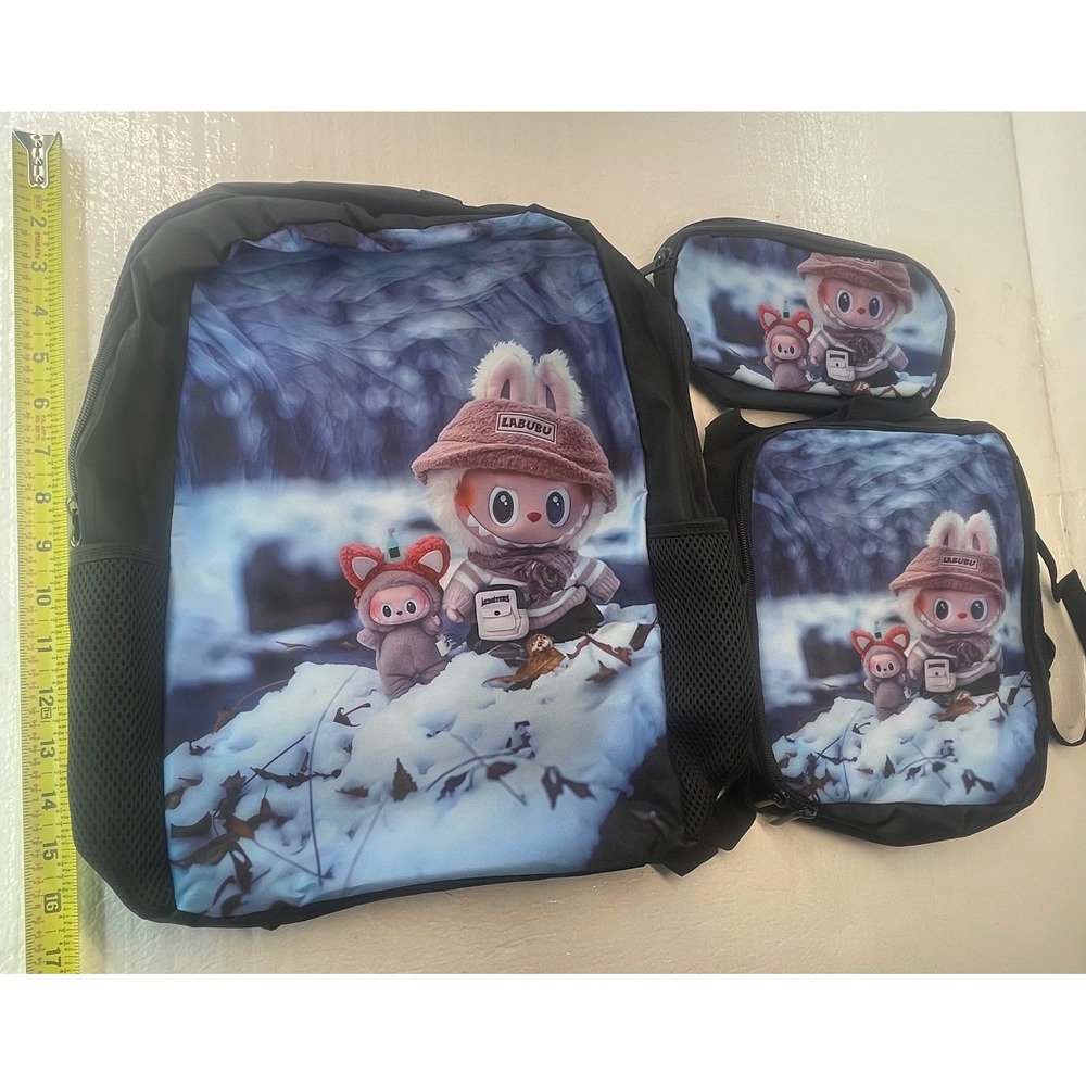 Labubu Backpackr 3-Piece Set Plush Doll Print School lunchbox‎ and pencil Bag